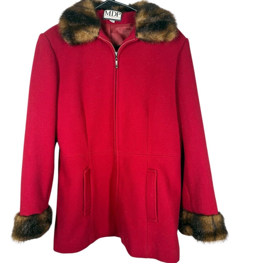 Vtg Mario De Pinto Womens Red Wool Blend Coat Sz M Fur Trim Full Zip Vintage